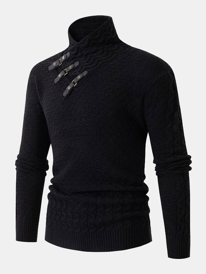 Leather Buckle Knitted Jacquard Turtleneck Sweater