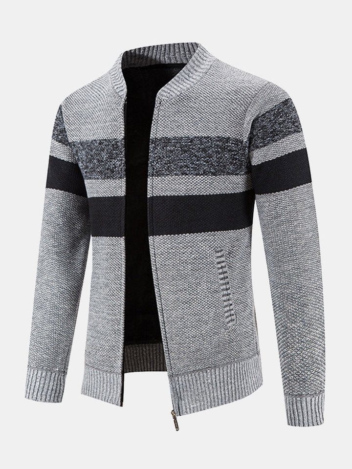 Striped Baseball Collar Teddy Lined Zip Up Sweater