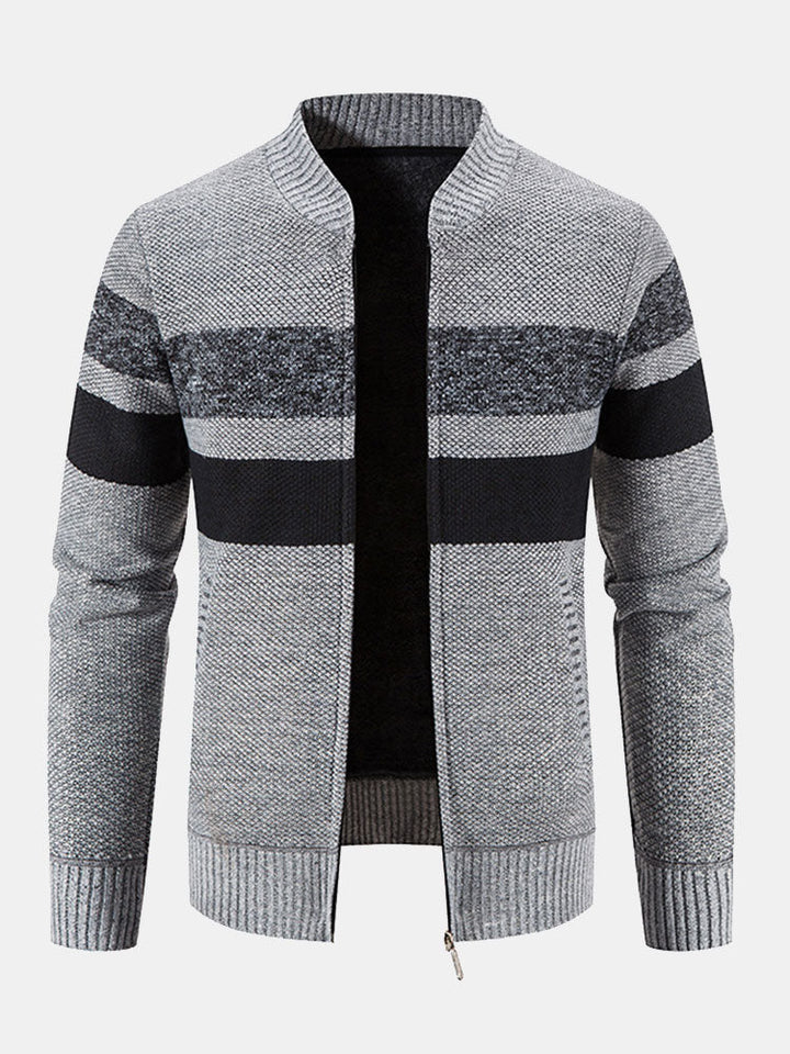 Striped Baseball Collar Teddy Lined Zip Up Sweater