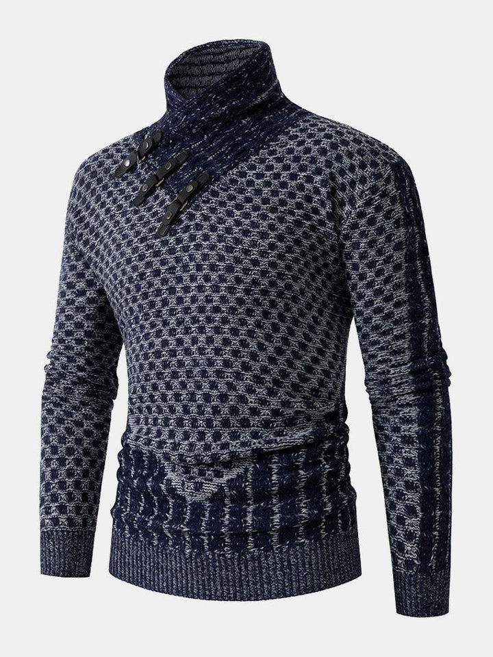 Leather Buckle Knitted Jacquard Turtleneck Sweater