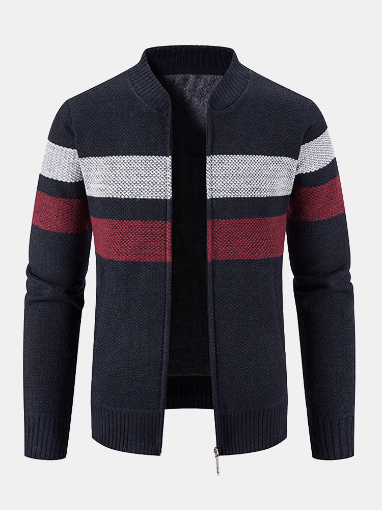 Striped Baseball Collar Teddy Lined Zip Up Sweater