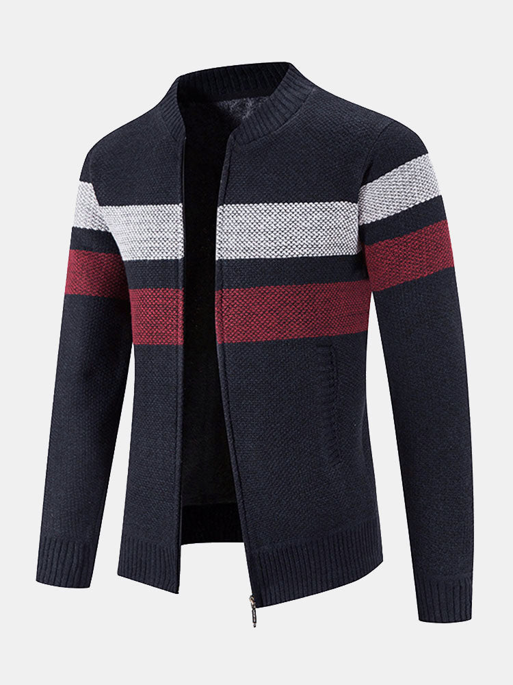 Striped Baseball Collar Teddy Lined Zip Up Sweater