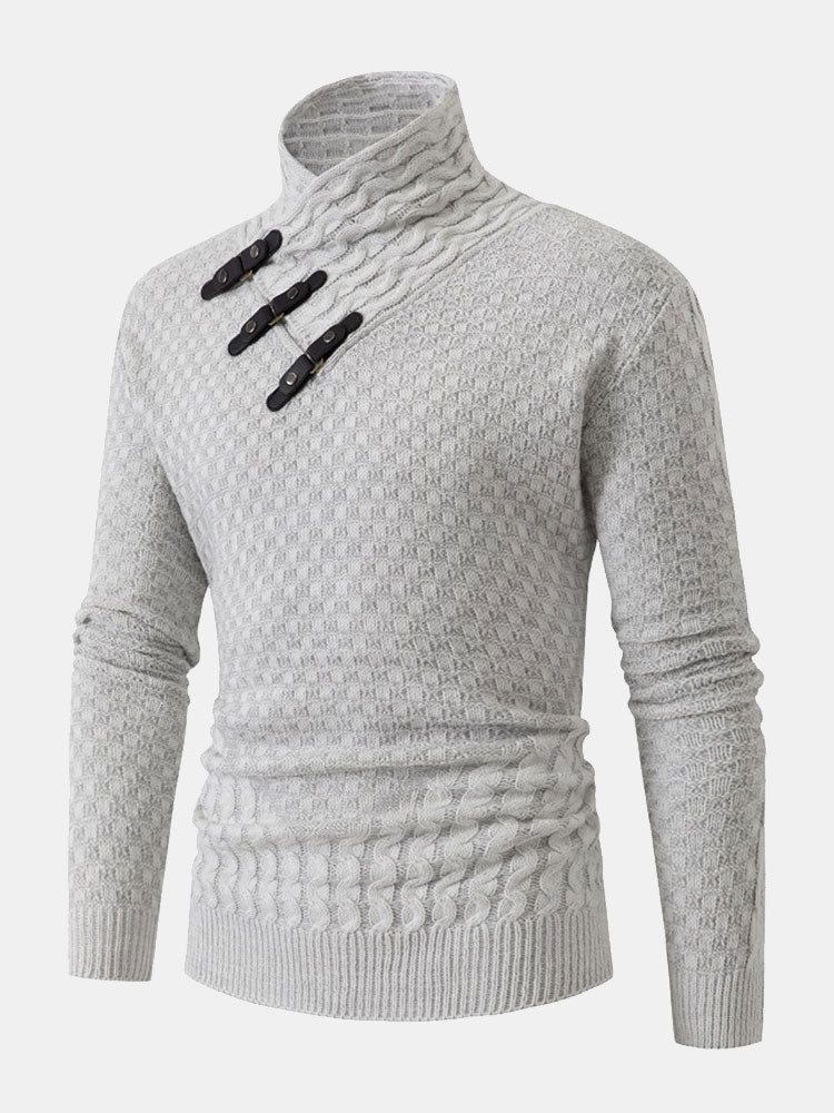 Leather Buckle Knitted Jacquard Turtleneck Sweater