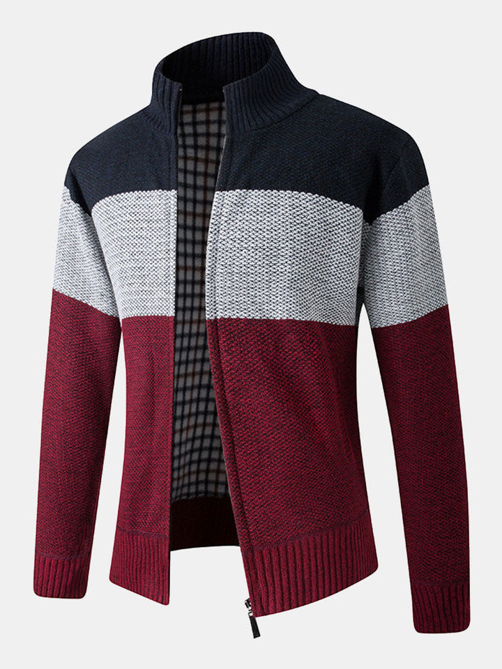 Color Block Patchwork Zip Up Sweater