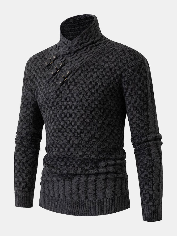 Leather Buckle Knitted Jacquard Turtleneck Sweater