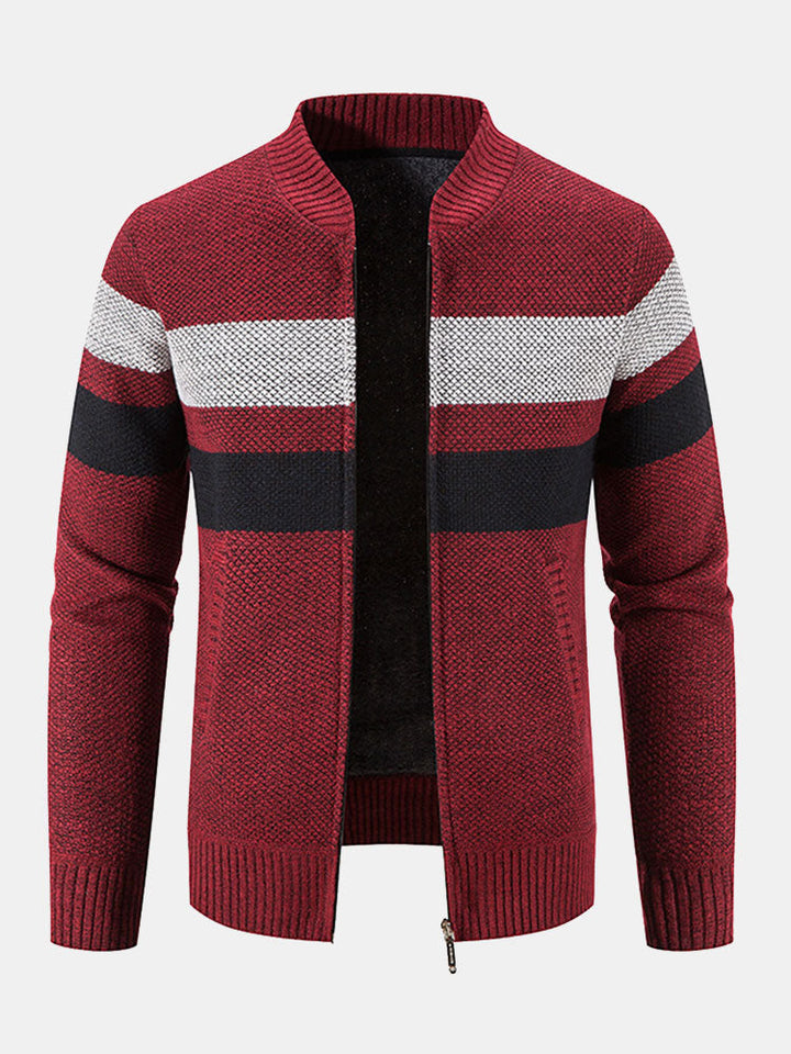 Striped Baseball Collar Teddy Lined Zip Up Sweater