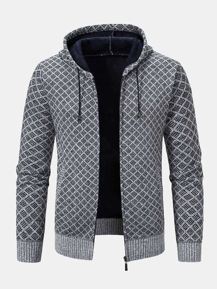 Diamond Pattern Zip Hooded Sweater