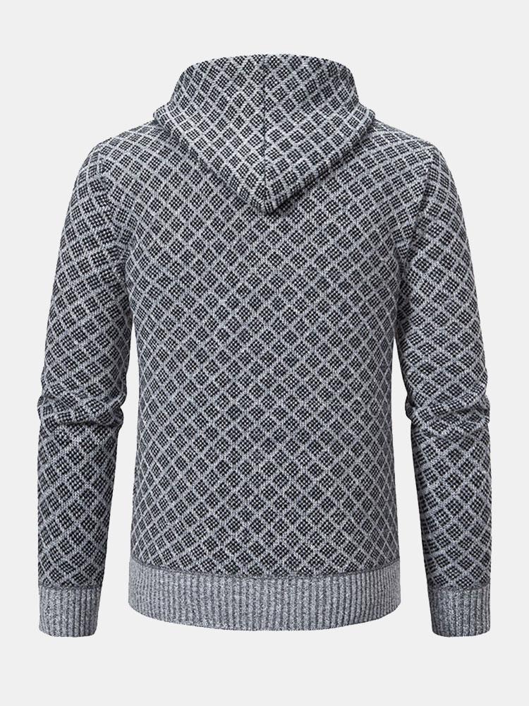 Diamond Pattern Zip Hooded Sweater