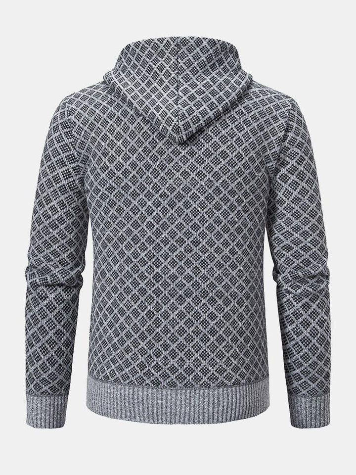 Diamond Pattern Zip Hooded Sweater