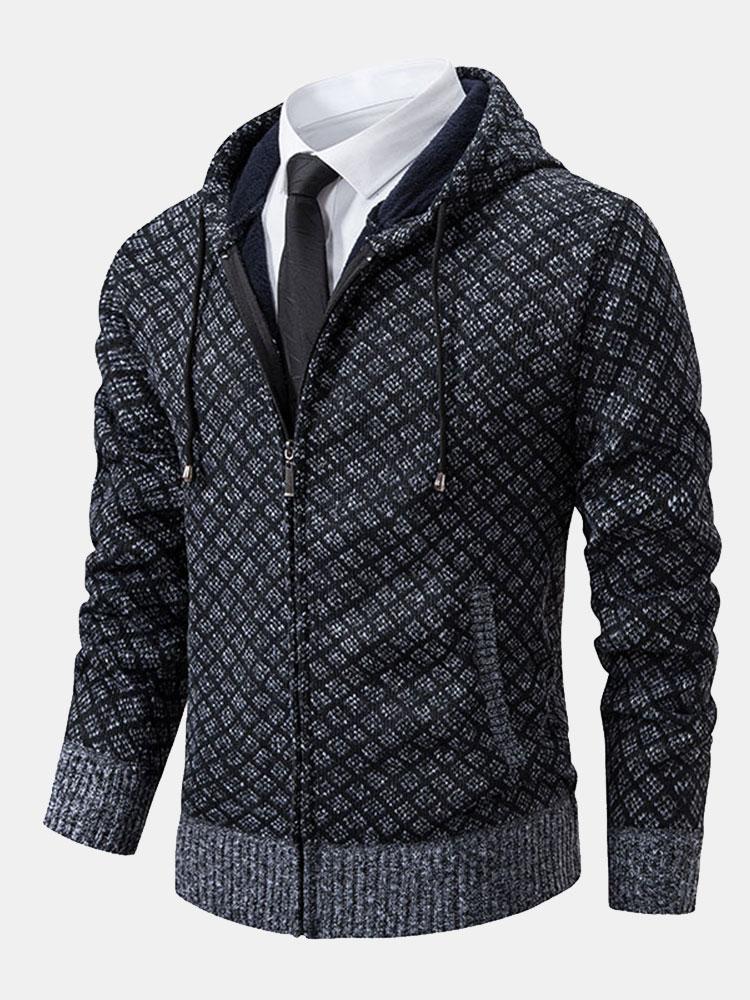 Diamond Pattern Zip Hooded Sweater