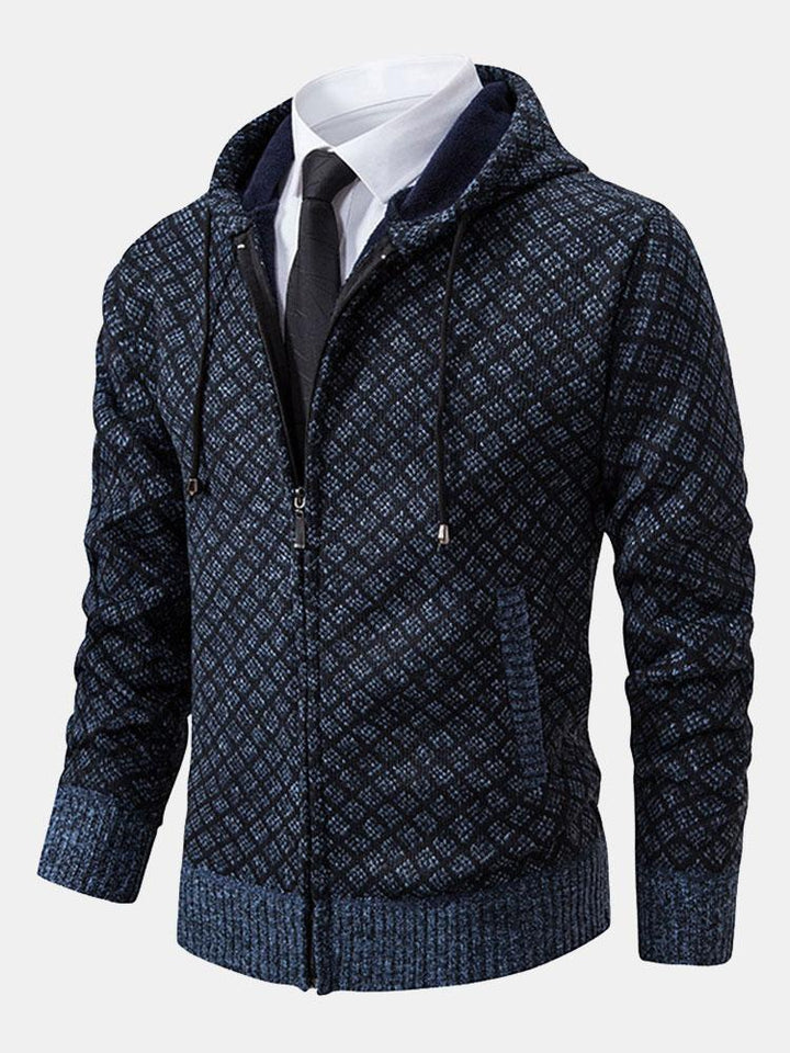 Diamond Pattern Zip Hooded Sweater