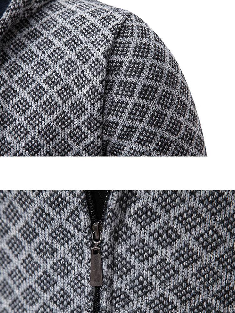 Diamond Pattern Zip Hooded Sweater