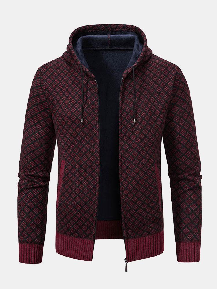 Diamond Pattern Zip Hooded Sweater