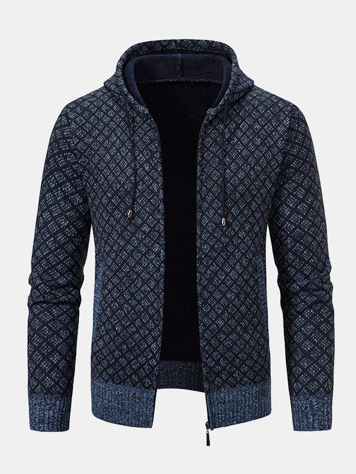 Diamond Pattern Zip Hooded Sweater