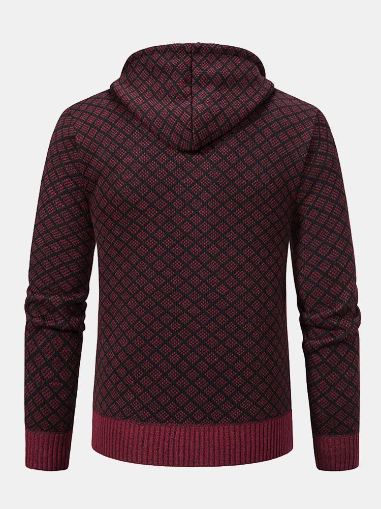 Diamond Pattern Zip Hooded Sweater