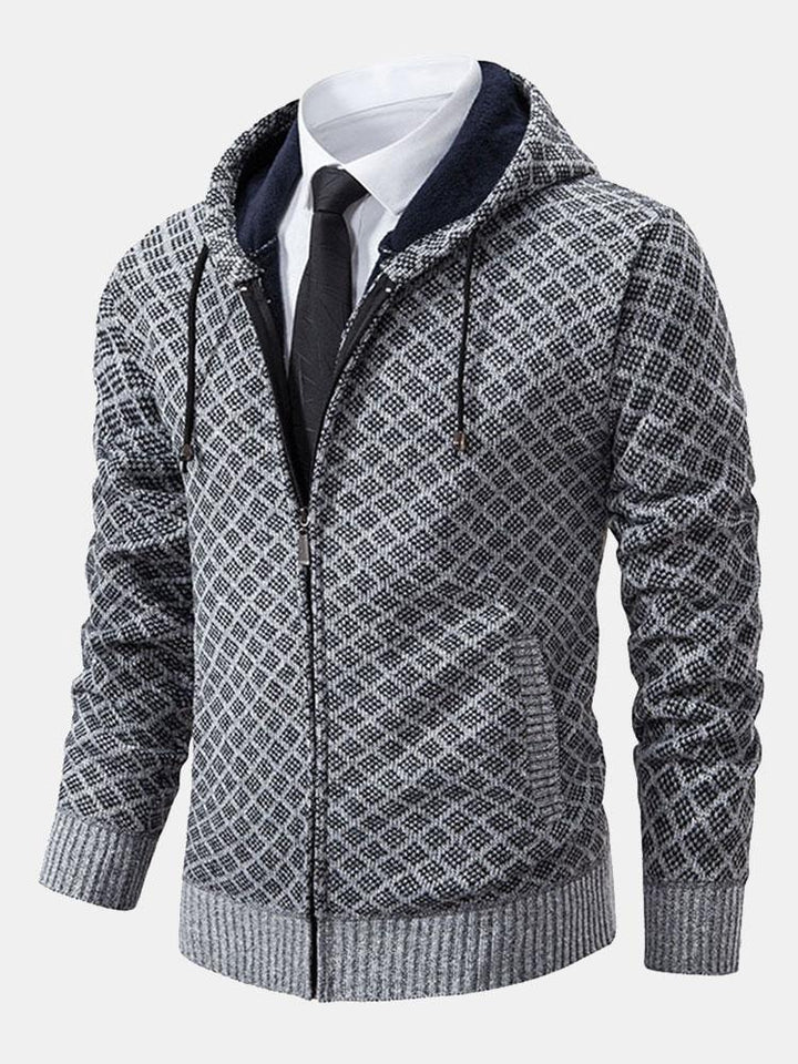 Diamond Pattern Zip Hooded Sweater