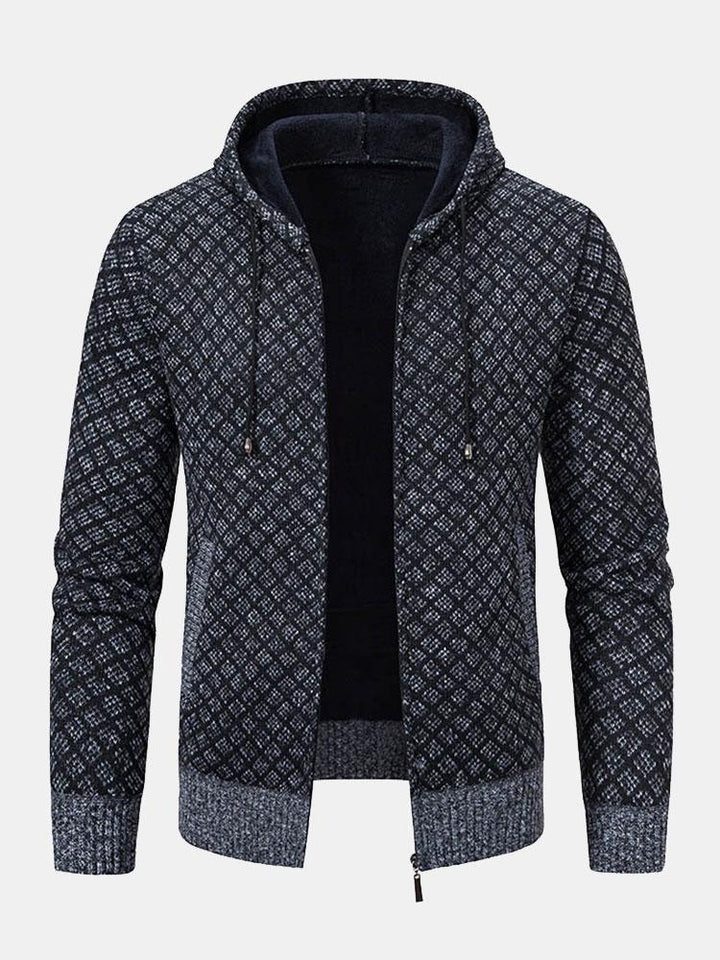 Diamond Pattern Zip Hooded Sweater