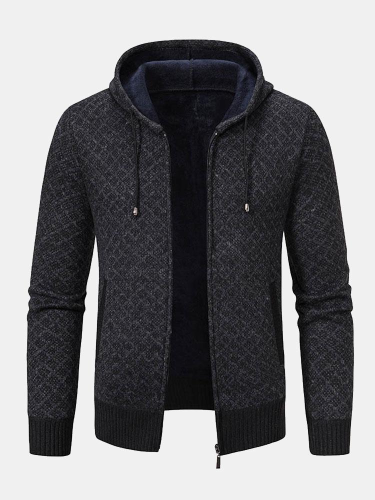 Diamond Pattern Zip Hooded Sweater