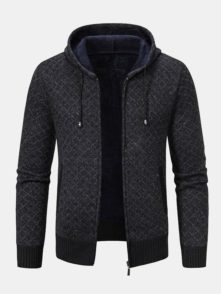 Diamond Pattern Zip Hooded Sweater